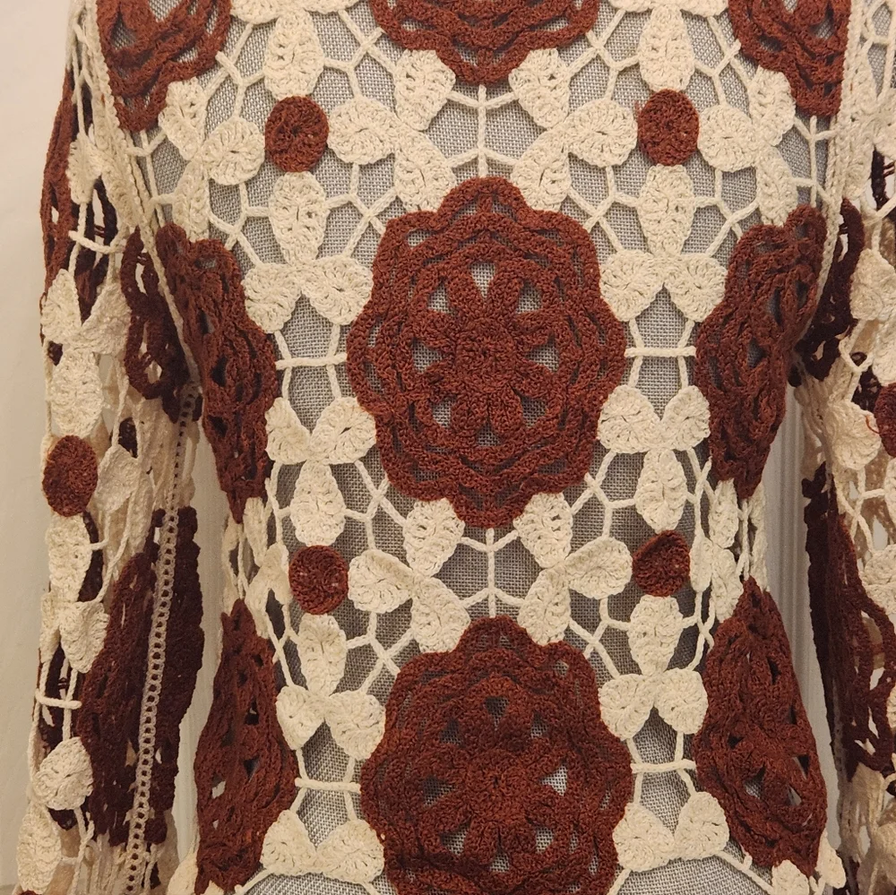 Rebellion Crochet Lace Top in Cream and Brown - Picture 6 of 6